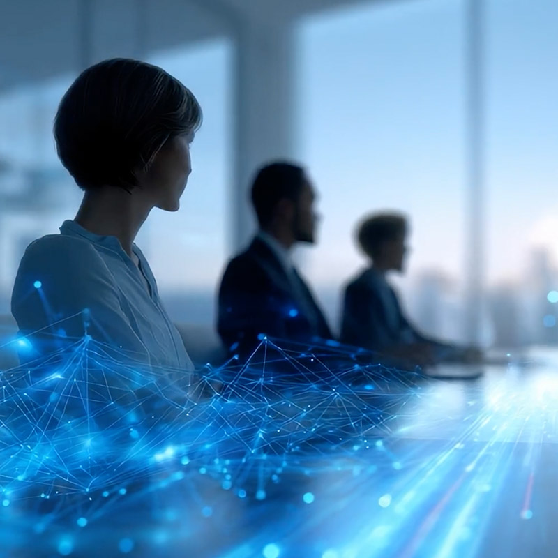 Tre persone di Neten sono sedute attorno a un tavolo da riunione in un ufficio moderno, con linee blu digitali che rappresentano una rete e si sovrappongono in primo piano, a simboleggiare la tecnologia o la connettività.